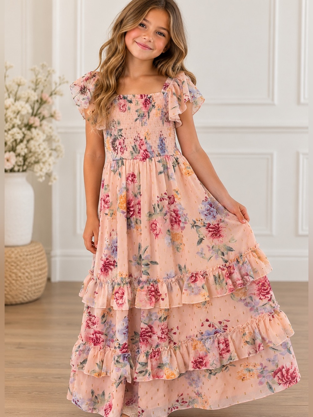 Rare Editions Girls Blush Pink Floral Ruffle Maxi Dress – Size L